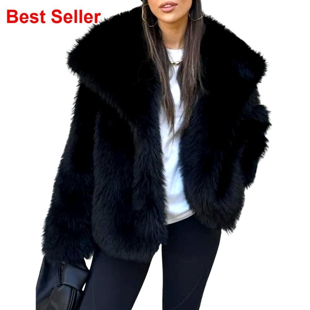 Faux Fur Coat Lapel Open Front Fluffy Shaggy Jacket Winter Warm